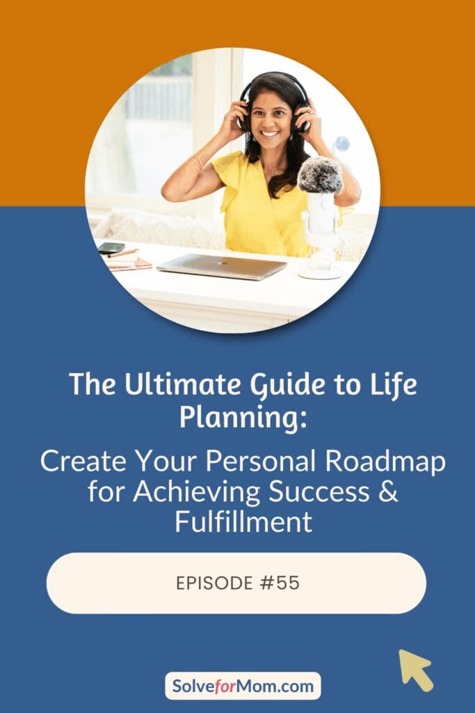 Smiling woman wearing headphones, seated at a desk with a laptop and microphone, promoting a life planning guide.