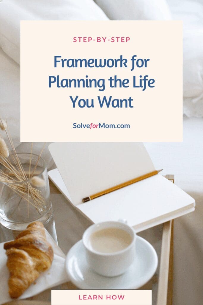 Open notebook, pencil, coffee, and croissant, with text overlay about planning a desired life.