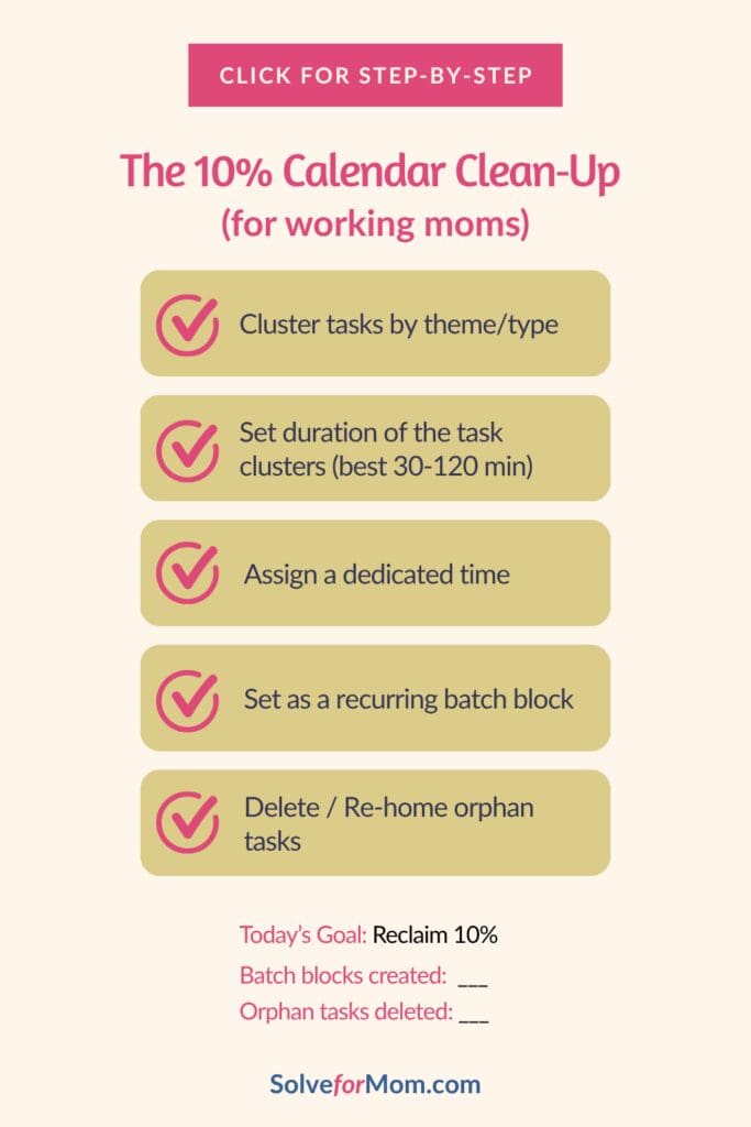 Infographic showing the “batch blocking” method to declutter your calendar: group micro-tasks into 1–2 batch blocks to reduce context switching, protect deep work, and reclaim about 10% of your week. Helpful for working moms in STEM managing meeting-heavy schedules, weekly planning, and time blocking vs. batch blocking.