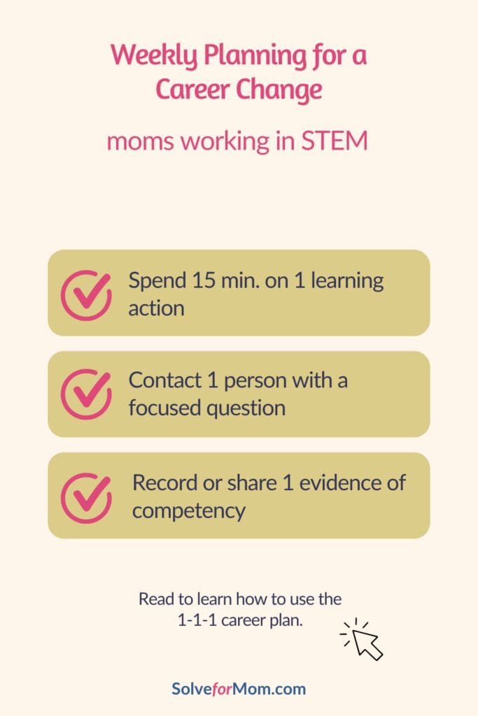 Checklist for moms in STEM: one learning action, one focused message, and one piece of evidence.