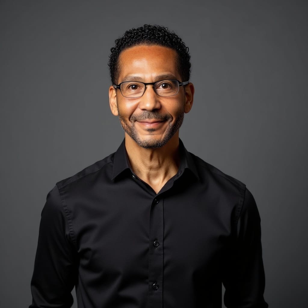 Portrait of Nate Payne, founder of Living Systems Leadership, wearing glasses and a black shirt against a gray background.